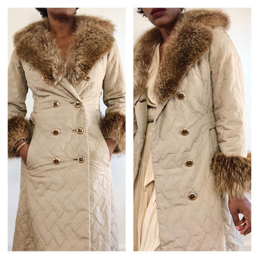 Vintage 1960s 1970s 70s Quilted Fur Collar Coat Trench Stole Muff Lined Double Breasted Tan Brown Light Weight Warm Winter Jacket Small 