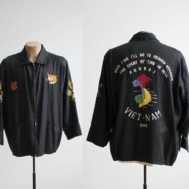 1960s Vietnam Souvenir Jacket / Cotton Embroidered Vintage Vietnam Jacket / Embroidered Tiger / Vintage Military  Vietnam Souvenir Jacket / 