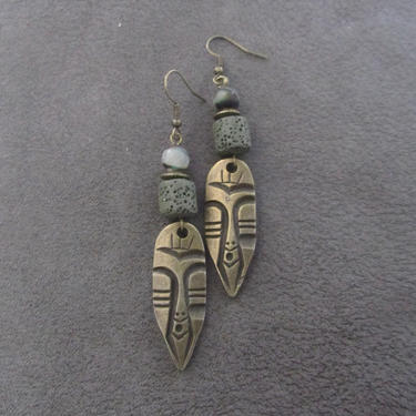 African mask earrings, tribal dangle earrings, lava rock earrings, Afrocentric earrings, ethnic earrings, unique primitive earring, tiki 2 