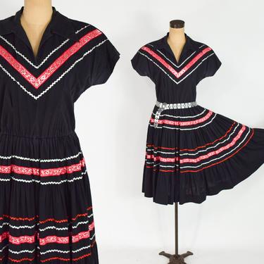 1950s Black Patio Dress | 50s Black Cotton Fiesta Dress | Black Rockabilly Dress | Medium 