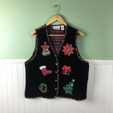 Christmas vest - velvet and plaid with appliqués - Casey &amp; Max - size L 