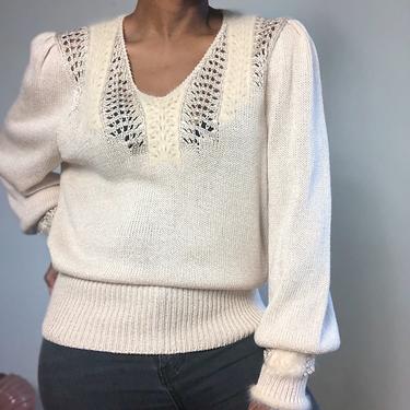 Vintage 1970s 1980s 70s Angora Crochet Silk Sweater White Cream Puff Sleeve Fuzzy V Neck Minimal Minimalist Medium Large 