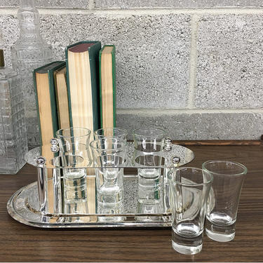 Vintage Shot Glass Set Retro 1980s Mirrored Tray and Holder + Set of 6 + Clear Glasses + Tall + Serving + Home and Bar Decor 