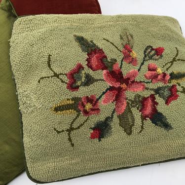 Vintage Rug Hooked Pillow, Floral Rug Hooked Cushion, Green Pink And Red 