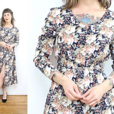Vintage 90's Pink Rose Midi Dress / 1990's Long Sleeve Floral Dress / Women's Size Small by Ru