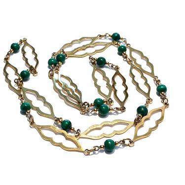 Malachite Bead Necklace Round Green Beads Gold Tone Metal Strand Vintage Healing Crystal Jewelry 