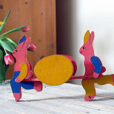 Vintage bunnies and cart toy / vintage wooden Easter bunny decor / bunny egg cart / Easter centerpiece / vintage painted wood toy 