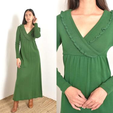 Vintage 1970s Dress / 70s Ruffled Knit Maxi Dress / Forest Green ( XS S M ) 