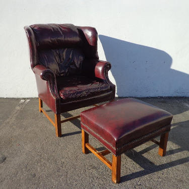 Handsome Tufted Leather Wingback Chair Armchair Matching Ottoman Footrest Chesterfield Sofa Chippendale Lounge Set Oxblood Loveseat English 