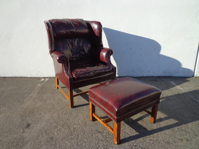 Handsome Tufted Leather Wingback Chair, Oxblood Leather Wingback Chair