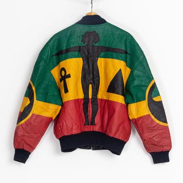90s Michael Hoban Wheremi Africa Design Leather Jacket - Men's Medium | Vintage Distressed Ankh Striped Color Block Coat 