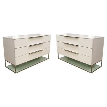 Contemporary Modern Pair of White Dressers Nightstands Chrome Accents 3 Drawers 