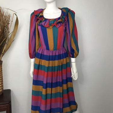 Vtg 70s Donna Morgan striped candy rainbow ruffle dress SM 