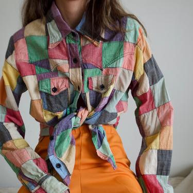 70s cotton patchwork collared button up top 