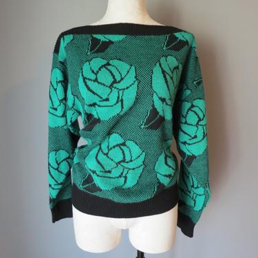 Vintage 1980's Sweater | slash neck sweater | floral sweater | teal sweater | black sweater | chunky sweater | rose sweater | oversized top 