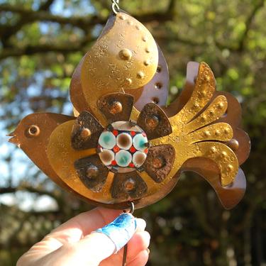 Chilean artist, Cesar Vasquez Fantastic Brass, Copper Mix Metal w/ Enamel on Copper Accents Hanging Mobile Bird Garden Sculpture ~ Excellent 