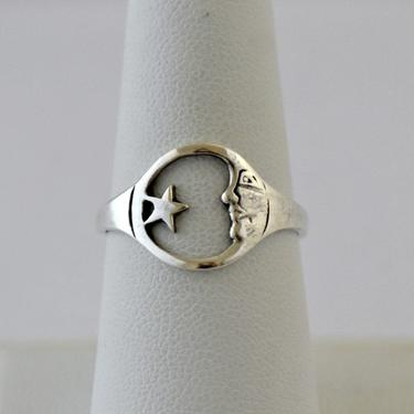 70's sterling crescent moon &amp; star simple mystic hippie ring, open work 925 silver man in the moon north star celestial boho size 8.5 ring 