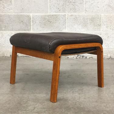 Vintage Ottoman Retro 1970s Dark Brown Leather + Cushioned Footstool + Curved Wood Frame + Square Shape + Removable Top + Home Decor 