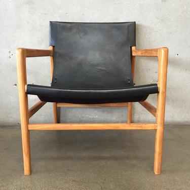 Mid Century Modern Leather &amp; Teak Sling Chair