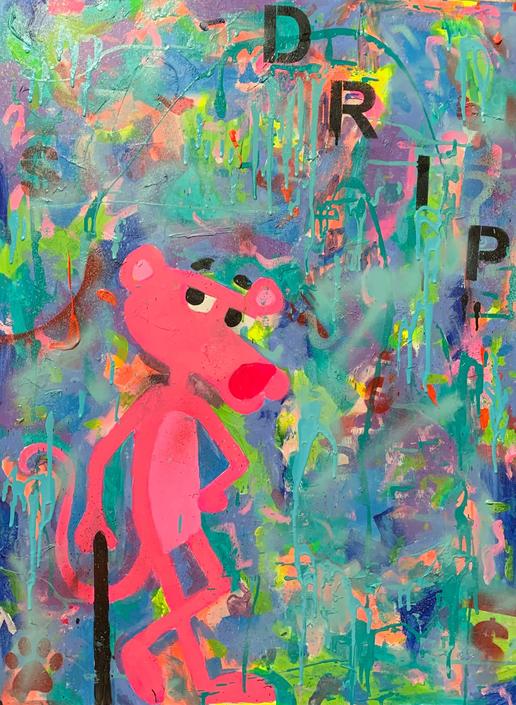 Graffiti art, Pink Panther in ‘Drip’, large neon art, hand painted street art, wall decor, gift idea , colorful 