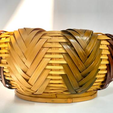 Large Vintage Woven Bamboo Basket | Doubled Walled Chevron Basket 