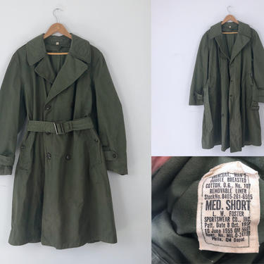 1950s Vintage Midcentury Army Trench Coat - Green Cotton Canvas - Size Medium Short by HighEnergyVintage