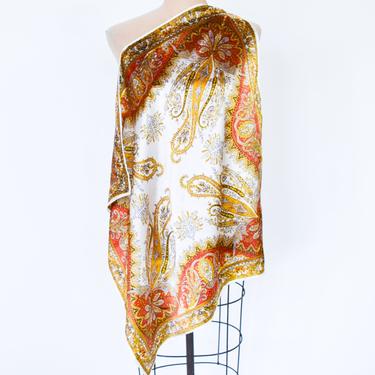 1950s Creme Paisley Acetate Scarf | 50s Creme Red Brown Paisley Scarf 