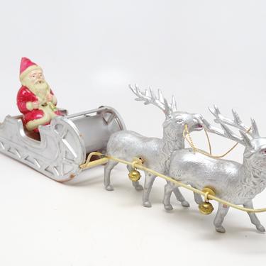 Antique 1940's Celluloid Santa in Sleigh with Reindeer, Vintage  Christmas Toy Decor, Original Label 