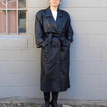 Vintage 1980s Michael Hoban North Beach Black Leather Trench Coat, Medium Women, Double Breasted, Dolman Sleeve, Maxi Coat 