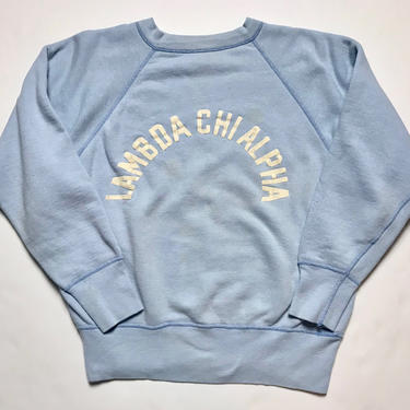 Vintage 1950s Lambda Chi Alpha SORORITY Sweatshirt ~ fits S ~ CHAMPION Running Man ~ Flocked Print ~ Gym ~ Distressed / Faded / Worn 