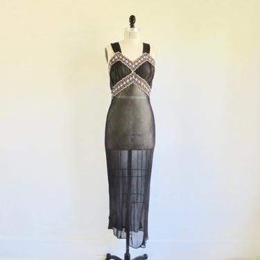 Vintage 1930's 40's Black Sheer Bias Rayon Long Night Gown White Lace Floral Trim 30's Lingerie Sleepwear Loungewear WW2 Era 38&amp;quot; Bust Medium 