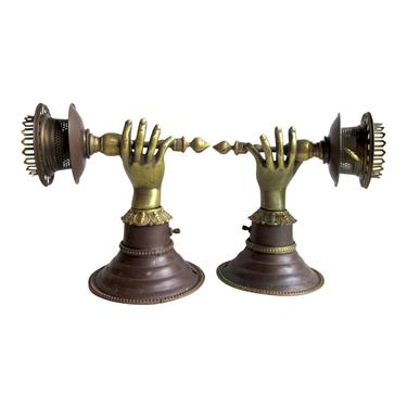 Turn of the Century Antique Hand With Torch Metal Wall Sconces - a Pair 