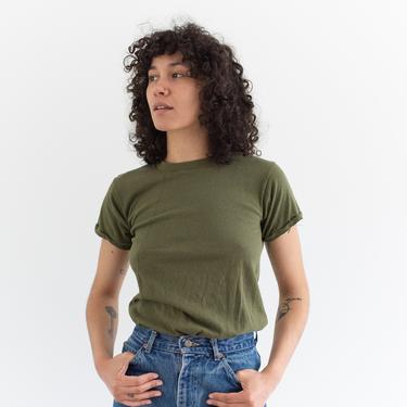 Vintage Army Green T-Shirt | Olive Green Crewneck Tee Cotton | Irregular | XS S | 