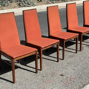 Brown Saltman John Keal Dining Set with Original Orange Fabric --  6 Chairs and Table with 2 Leaves 