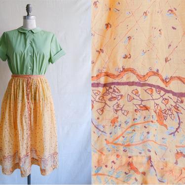 Vintage 70s 80s Creamsicle Indian Cotton Skirt/ 1970s High Waisted Light Orange Gauzy Cotton Printed/ Size Small 