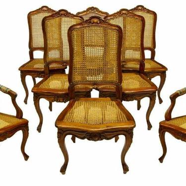 Chairs, Dining, Set of 7 Louis XV Style Carved Walnut Caned, Vintage, Handsome!