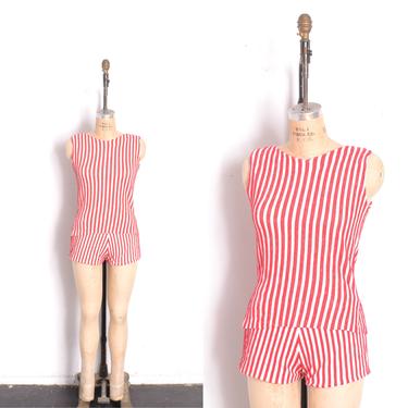 Vintage 1960s Set / 60s Striped Cotton Two Piece Shorts and Top / Red and White ( small S ) 