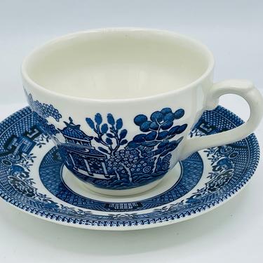 Vintage Blue Willow Tea Cup and Saucer  Marked England- Churchill- Great condition 