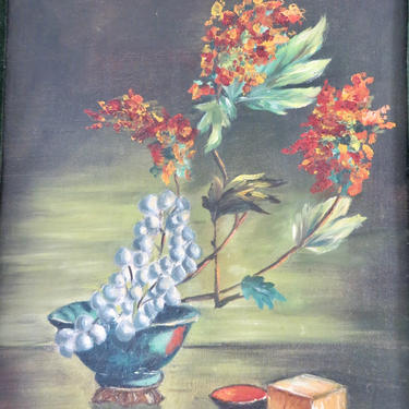 Vintage Art - Framed Floral Art - Still Life - Red Yellow Orange Blue - Carved Wood Frame - Canvas Floral Art - Cottage Boho Style 