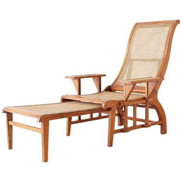 British Colonial Caned Teak Plantation Lounger with Ottoman by ErinLaneEstate