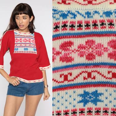 70s Bell Sleeve Sweater Red Fair Isle Snowflake Sweater Striped Knit Bohemian Hippie Vintage Boho 1970s 3/4 Sleeve Jumper Extra Small xs 