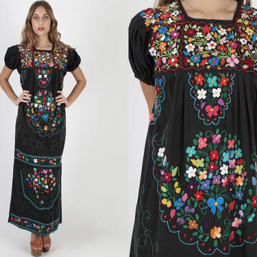 Long Black Mexican Maxi Dress / 1970s Cotton Heavily Embroidered Dress / Bright Floral Quincenera Fiesta Rainbow Womens Coverup Dress 