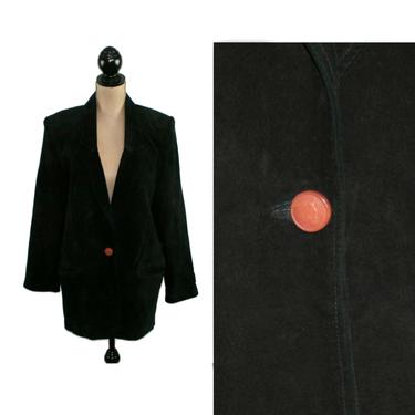 80s Oversized Blazer with Shoulder Pads, Black Suede Jacket Women Medium, 1980s Clothes Vintage Clothing, Genuine Leather Coat from Cedars 