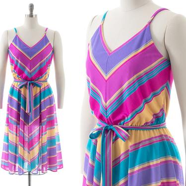 Vintage 1980s Sundress | 80s Rainbow Striped Chevron Jersey Spaghetti Strap Fit and Flare Purple Pink Belted Day Dress (x-small/small) 