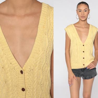 Yellow Sweater Vest Top Knit Y2K Sleeveless Sweater V Neck Tank Button Up 00s Retro Vintage Medium 