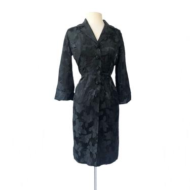 Vintage 50s black floral satin brocade wiggle dress| Cathy Gray cocktail party dress| damask shirtdress| LBD 