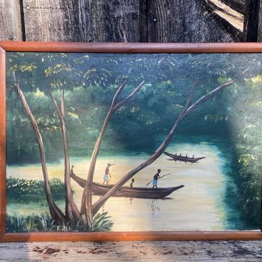 Vintage Painting -- Painting Vintage -- Vintage Art -- Vintage Landscape Painting -- Painting of Boats -- Boat Painting -- Fishing Painting 