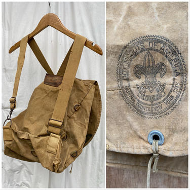 Vtg 50s Distressed Tan Boy Scouts Backpack / Workwear Satchel / utilitarian backpack / canvas 