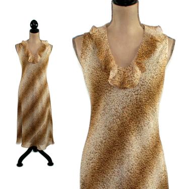 90s Y2K Leopard Print Chiffon Silk Dress Medium, Diagonal Stripe Bias Cut Sleeveless Midi Dress Women Vintage Clothes Jones New York Size 10 