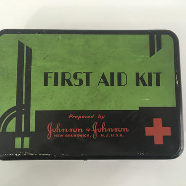 Vintage First Aid Kit Tin Johnson &amp; Johnson Antique 1930s Industrial Metal RX Art Deco Retro Bathroom Decor 